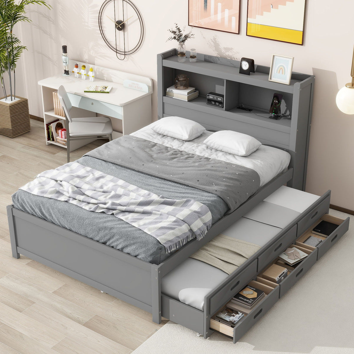 Full Size Platform Trundle Bed with Drawers and USB Ports - Gray