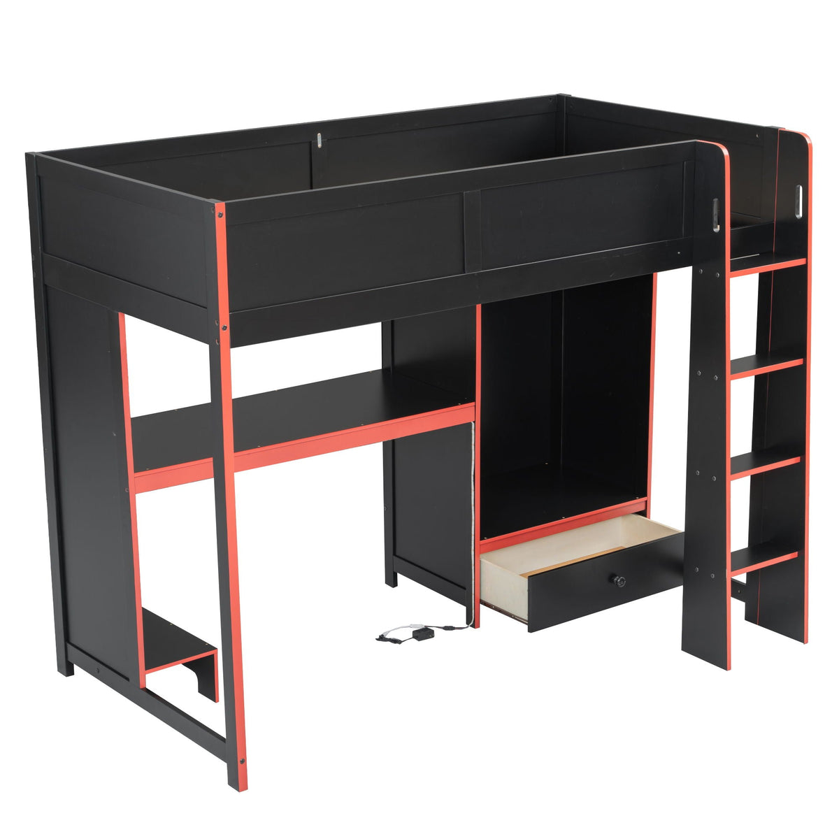 Gaming Loft Bed with Built-In Desk, Wardrobe & LED Lighting - Black