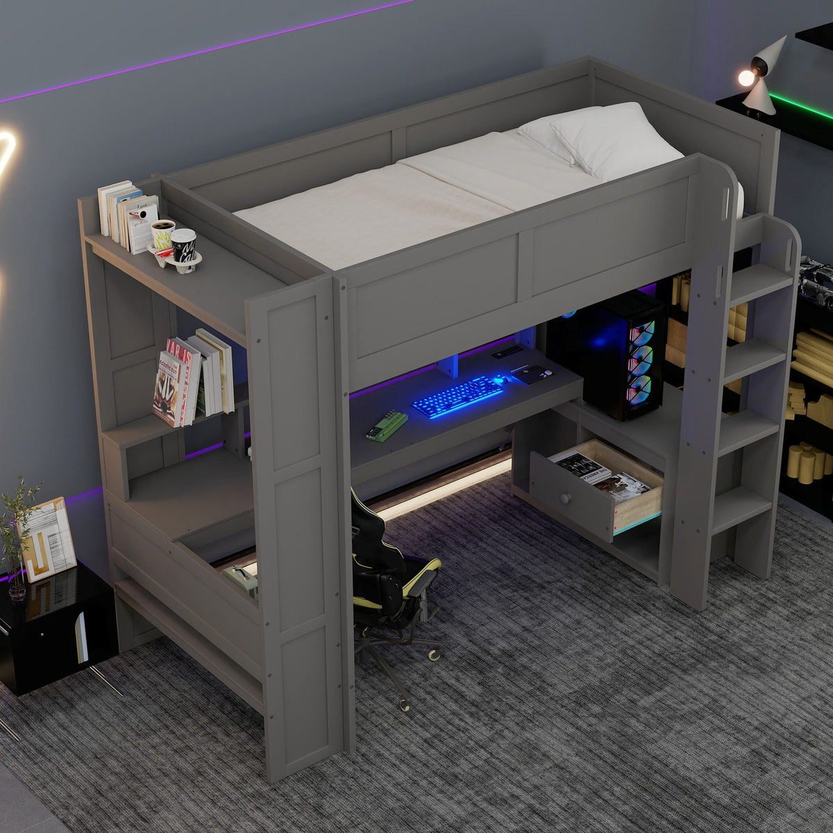 Gaming Loft Bed with Desk, Multi Storage Shelves, LED and Charging Station - Dark Gray