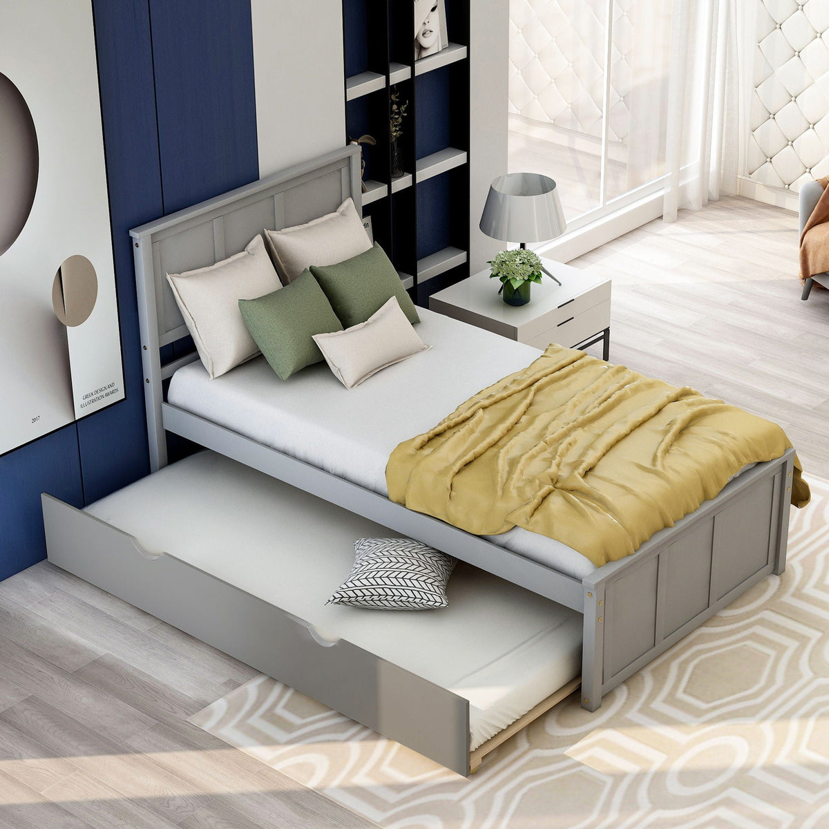Platform Trundle Bed with Sturdy Frame – Twin Size, Gray