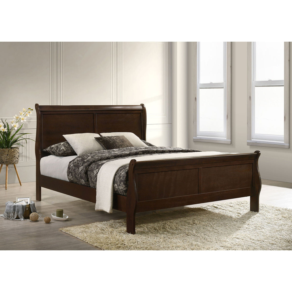 Dark Brown Sleigh Bed with Classic Louis Philippe Style - Queen or Full