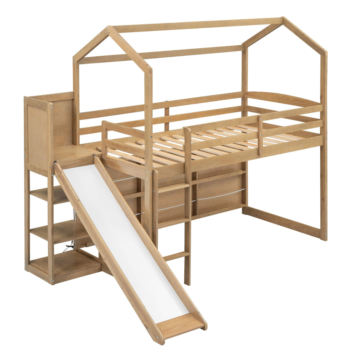 House Loft Bed with Slide and Storage Shelves - Twin with Light