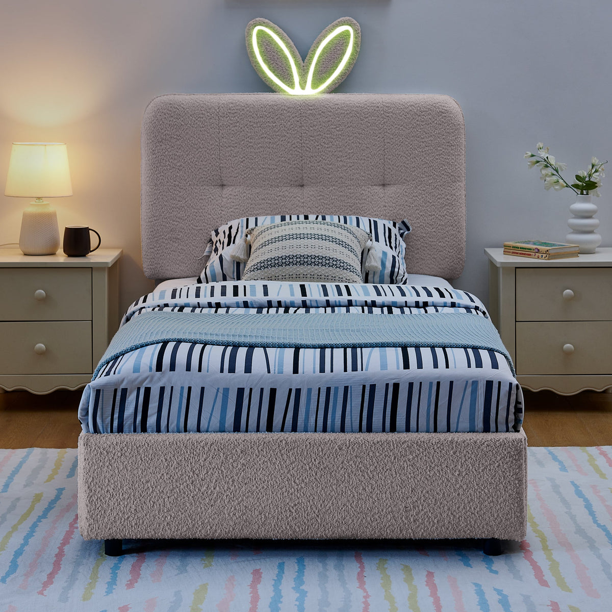 Twin Size Kids Upholstered Bed with Rabbit Ear Headboard and Storage - White