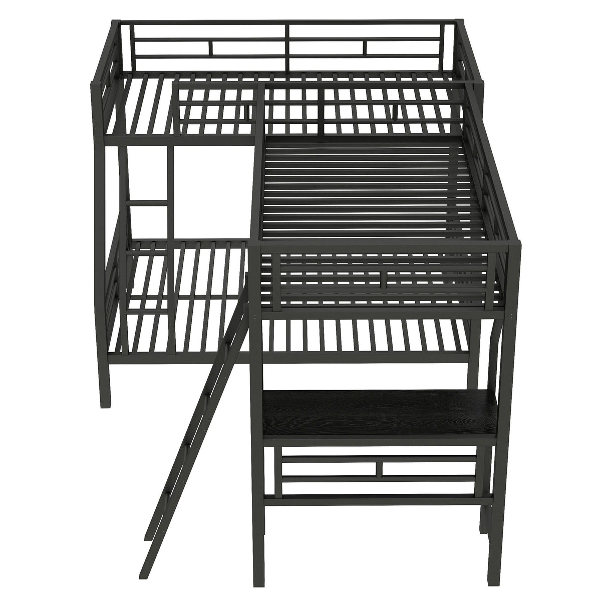 Twin Over Full Bunk Bed with Loft and Desk - L-Shaped Design for 3 Sleepers - Black