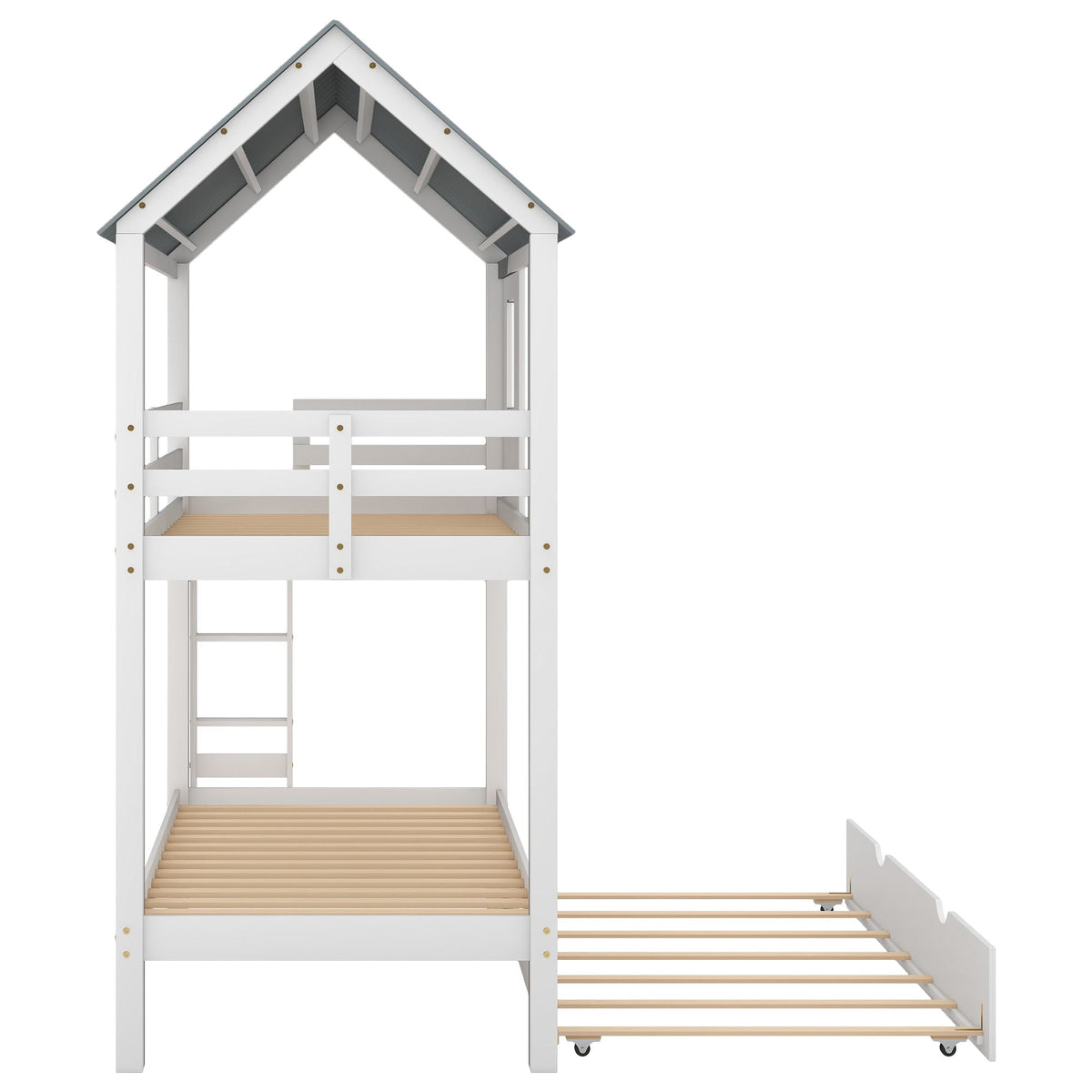 Twin Size House Bunk Bed with Trundle and Roof and Windows - White / Gray