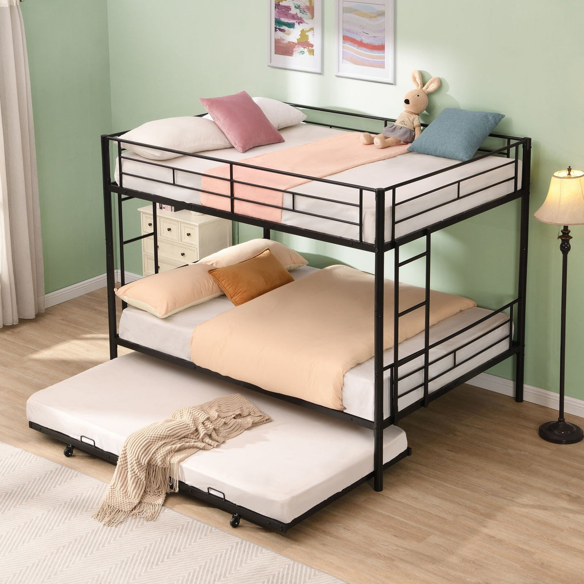 Full Over Full Metal Bunk Bed with Trundle - Black