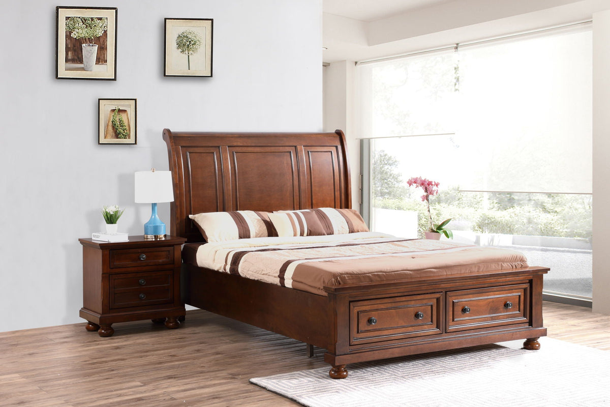 Light Brown Sleigh Bed with Wood Veneers - Multiple Sizes