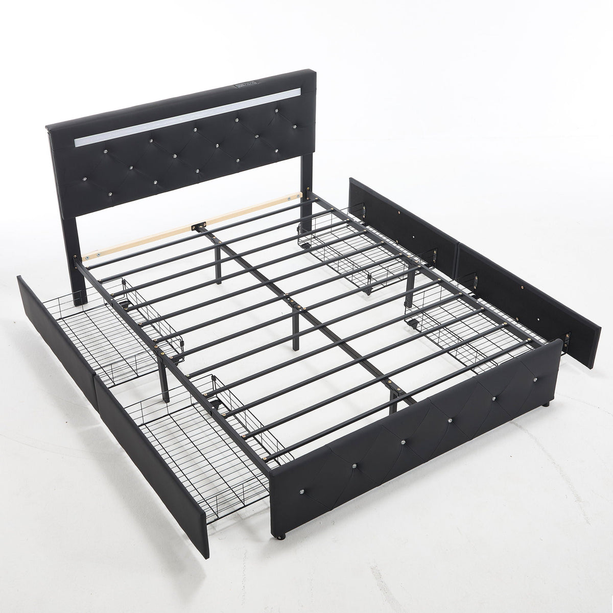 Upholstered Storage Bed Frame with LED Lights and Drawers – White or Black