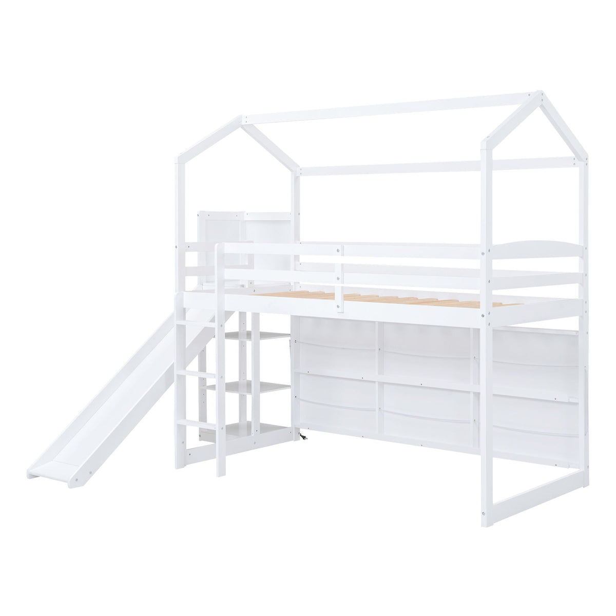 House Loft Bed with Slide and Storage Shelves - Twin with Light