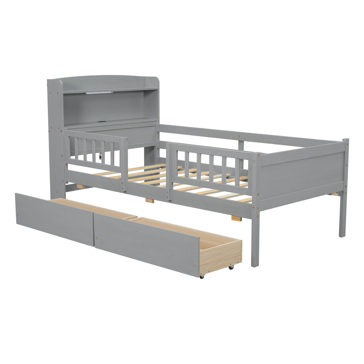 Platform Storage Bed with LED Light, Headboard Shelves and Drawers - Twin Size