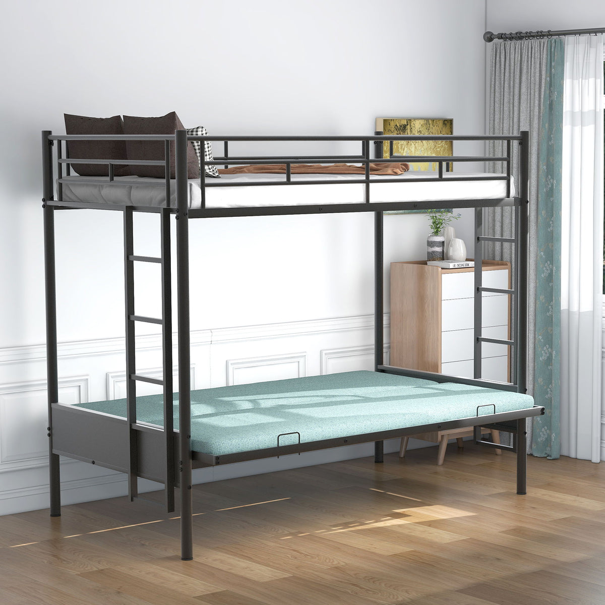 Twin Over Full Bunk Bed with Convertible Futon Sofa - Black