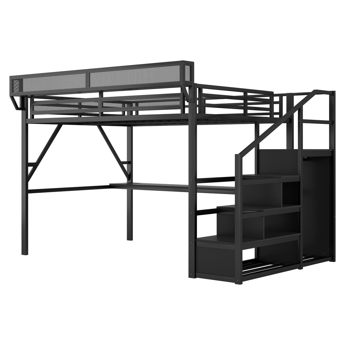 Black Metal Loft Bed with Desk, Charging Station, Stairs & Light