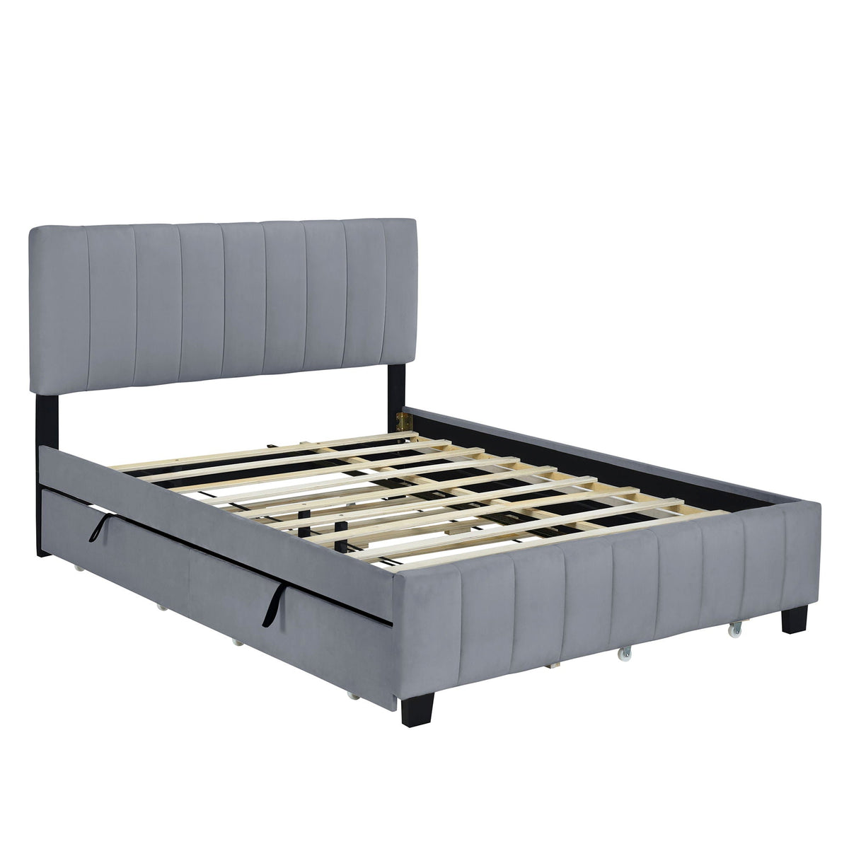 Platform Upholstered Bed with Drawers and Twin Long Trundle - Queen Size