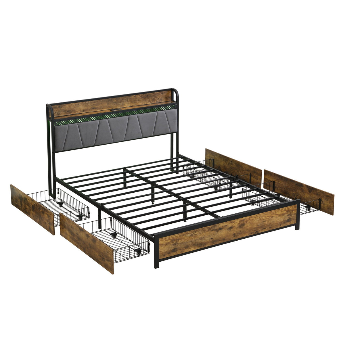 Contemporary Storage Bed Frame with LED Lights and Charging Station - Dark Brown