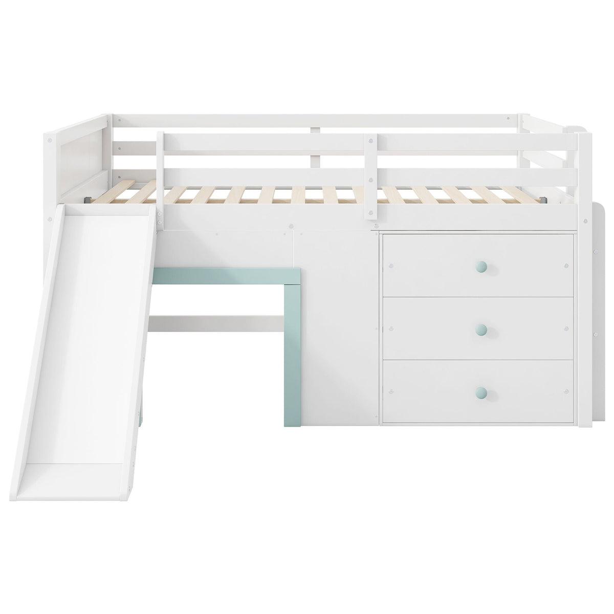Modern Low Loft Bed with Slide, 3 Storage Drawers and 2 Doors - White