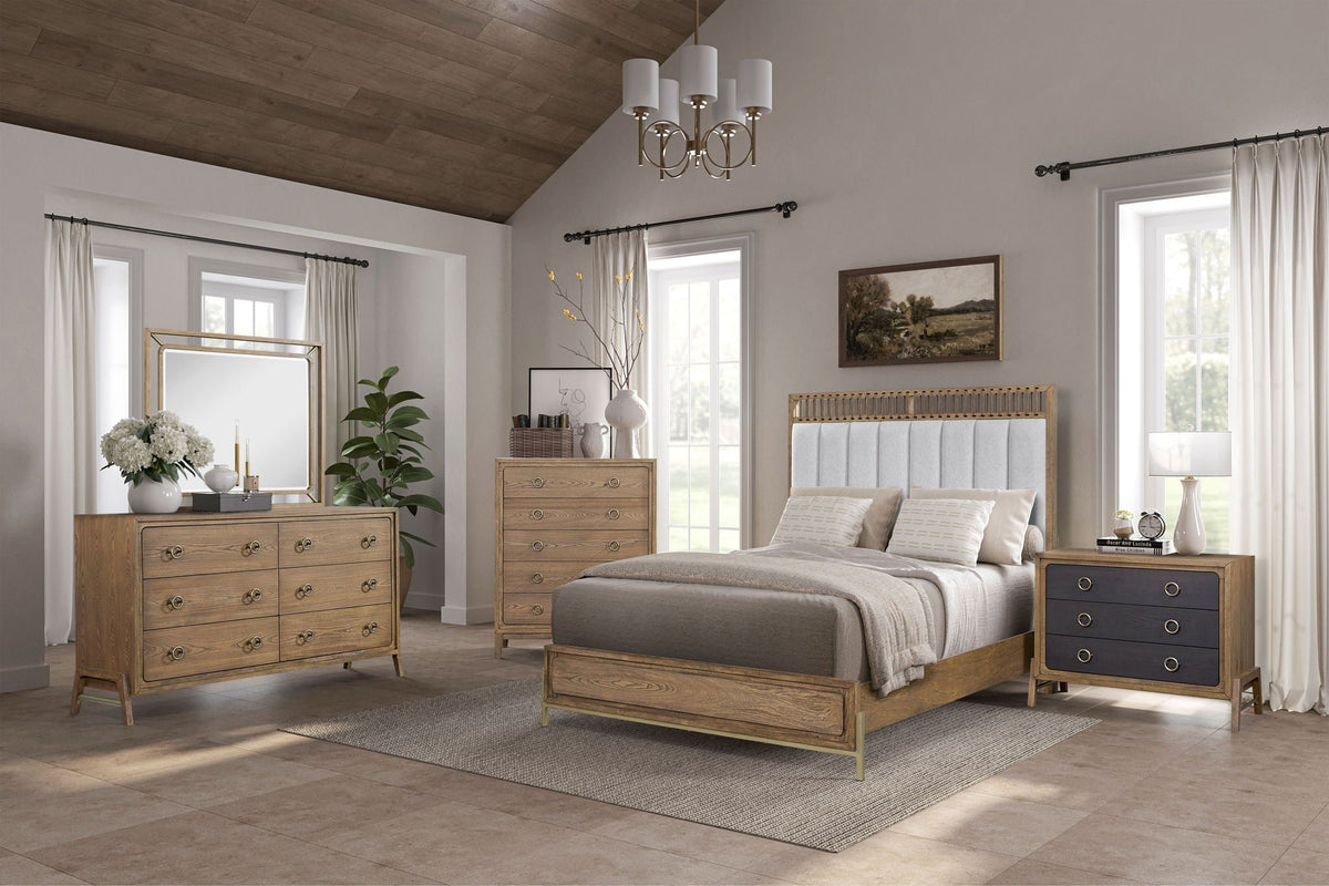 Light Brown Upholstered Panel Bed with Strap Detail - Queen or King