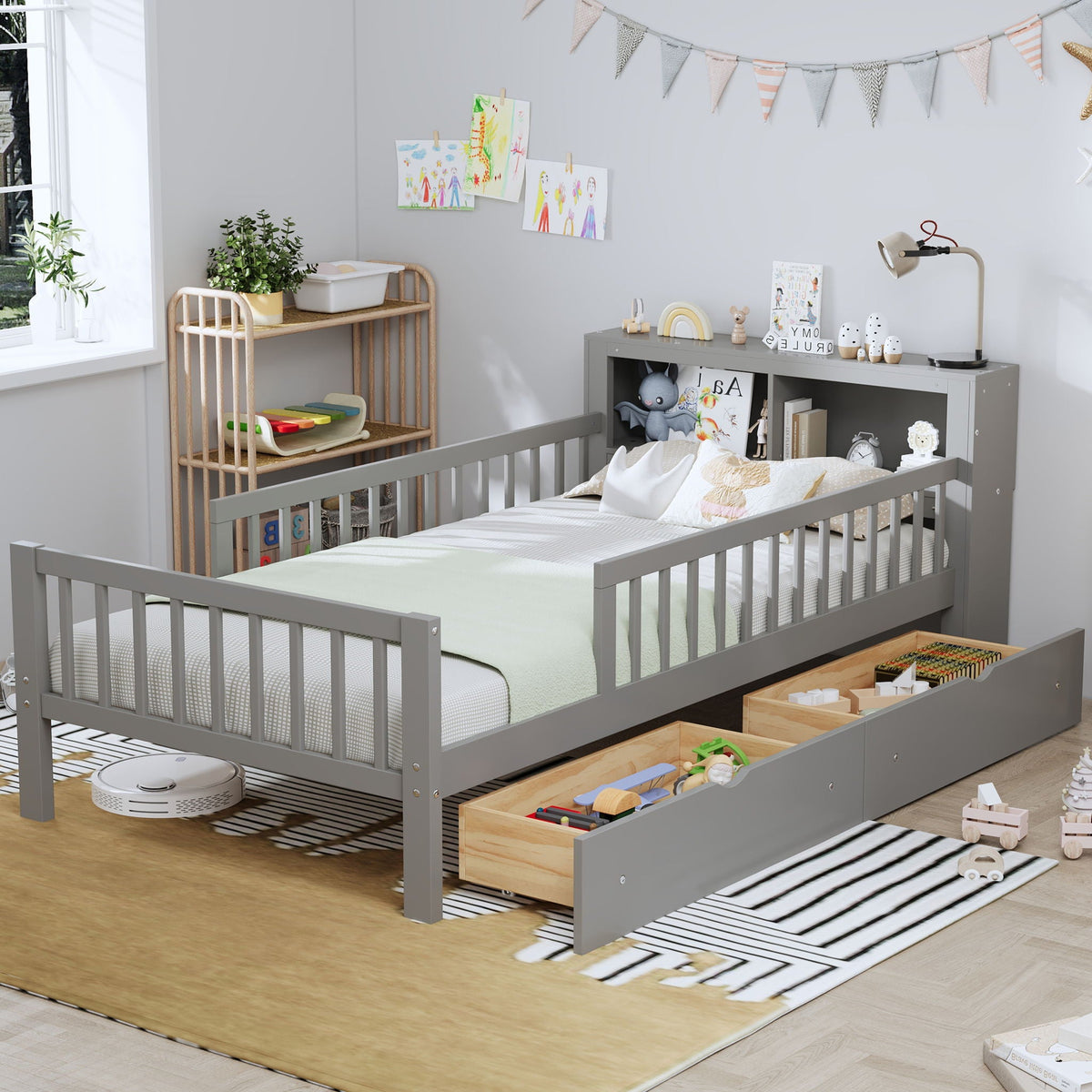 Twin Storage Bed with Headboard Rack & Under-Bed Drawers - Multiple Colors