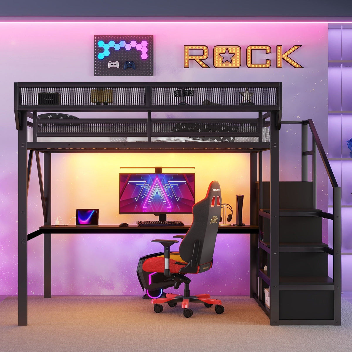 Black Metal Loft Bed with Desk, Charging Station, Stairs & Light