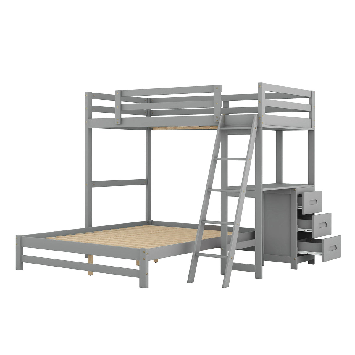 Bunk Bed with Built-In Desk and 3 Drawers - Twin over Full