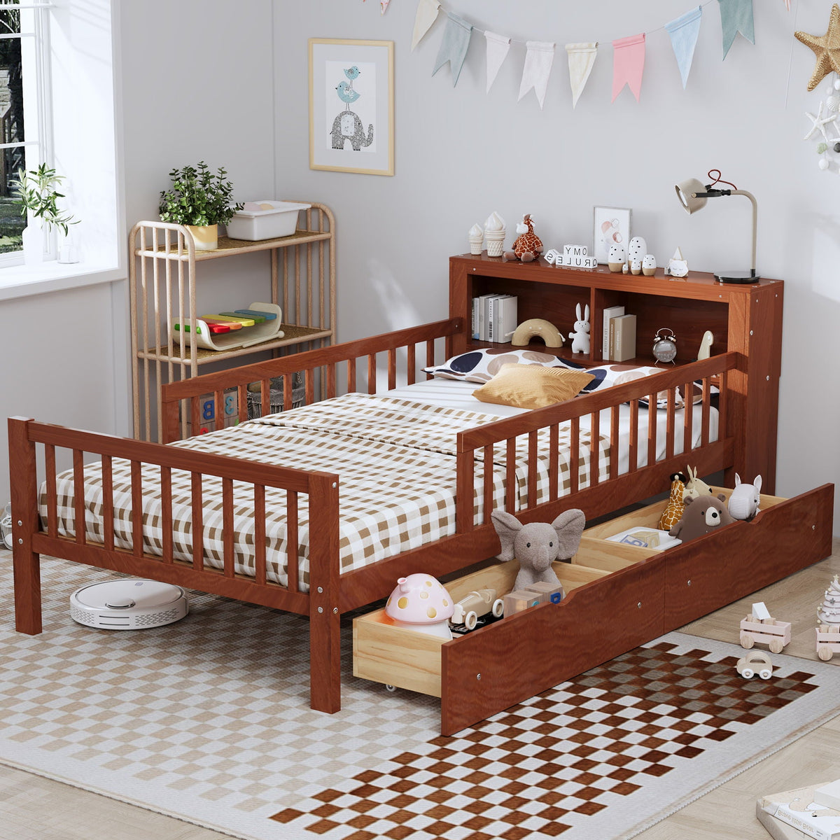 Twin Storage Bed with Headboard Rack & Under-Bed Drawers - Multiple Colors