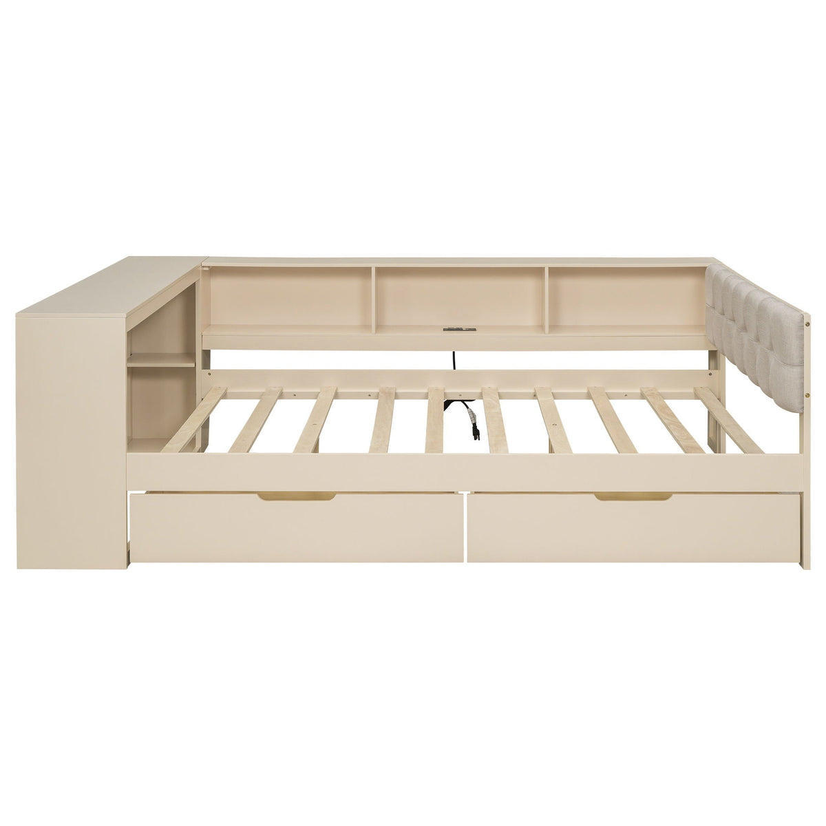 Upholstered Headboard Storage Bed with Shelves, Drawers, and Charging Station - Dark Gray or Beige