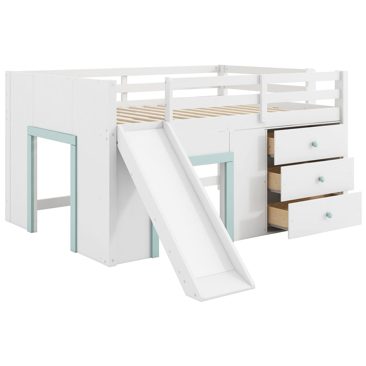 Modern Low Loft Bed with Slide, 3 Storage Drawers and 2 Doors - White