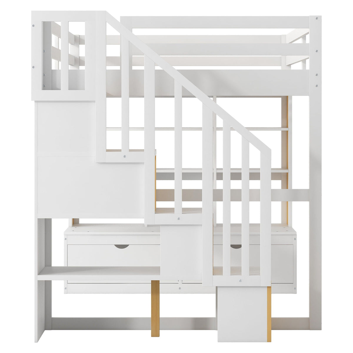 Full Size Loft Bed with Desk, Drawers & Storage Staircase - Natural / White