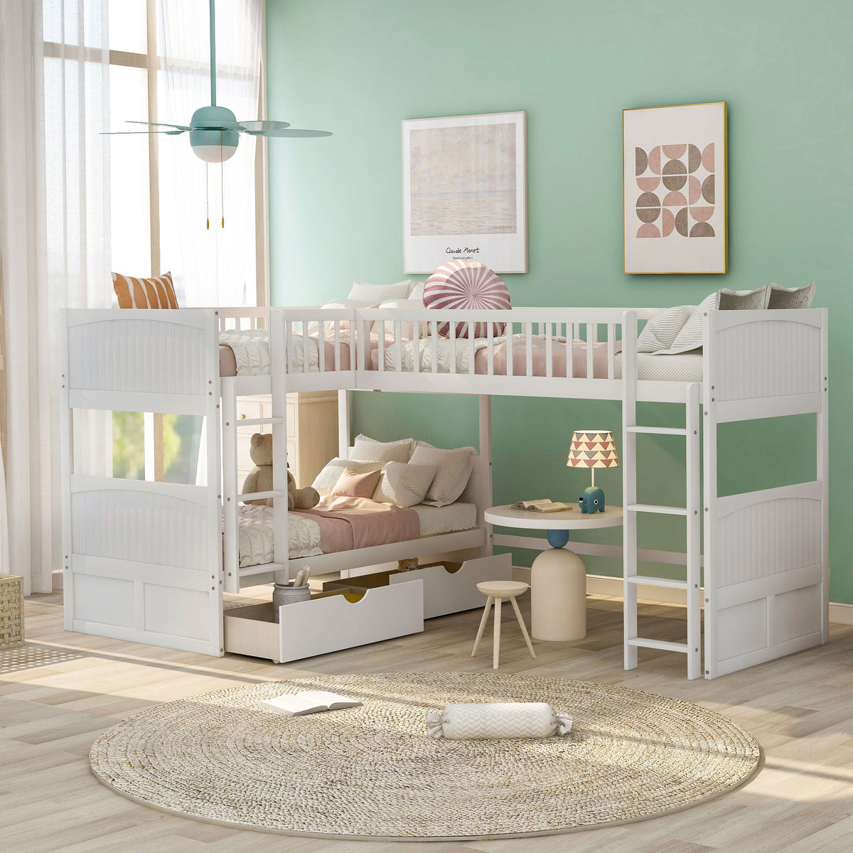 Triple Twin Bunk Bed With Loft and 2 Drawers - Dark Gray or White
