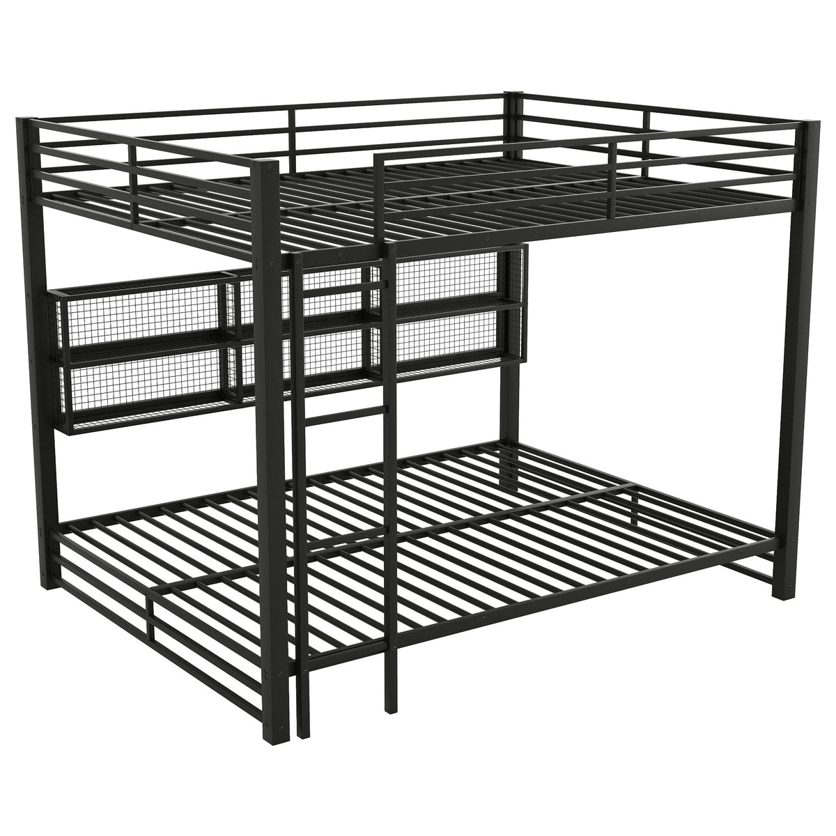 Queen Over Queen Bunk Bed with Storage Cabinets and LED - Black