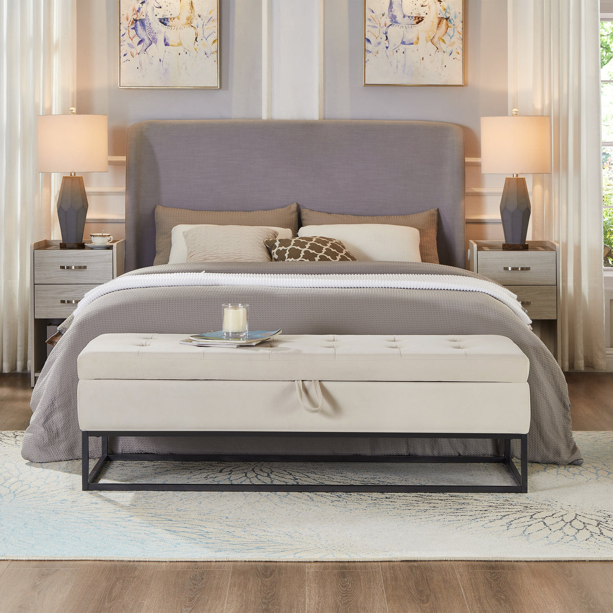 58.6" Velvet Storage Bed Bench with Metal Base - Black