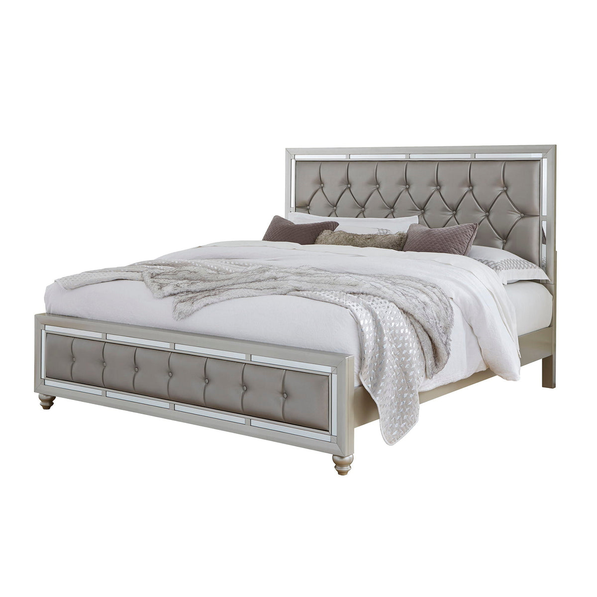 Elegant Design Panel Bed with Tufted Headboard - Pearl Silver