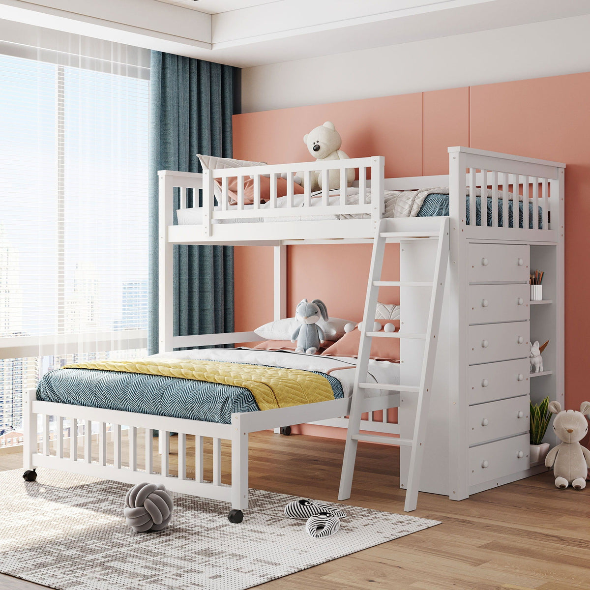 Twin Over Full Bunk Bed with 6 Drawers and Flexible Shelves - Multiple Colors