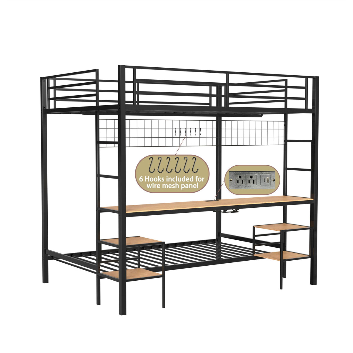 Ethan Bunk Bed with Desk, Charging Station & Storage Shelves - Twin Over Full