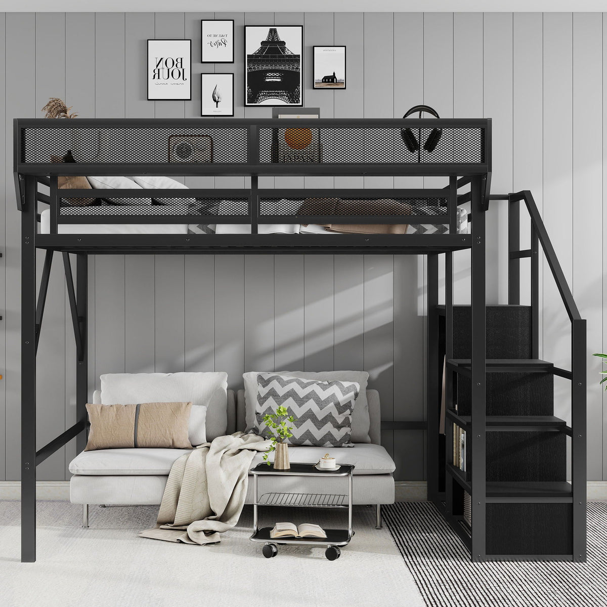 Queen Size Loft Bed with Stairs and Storage Shelves - Black