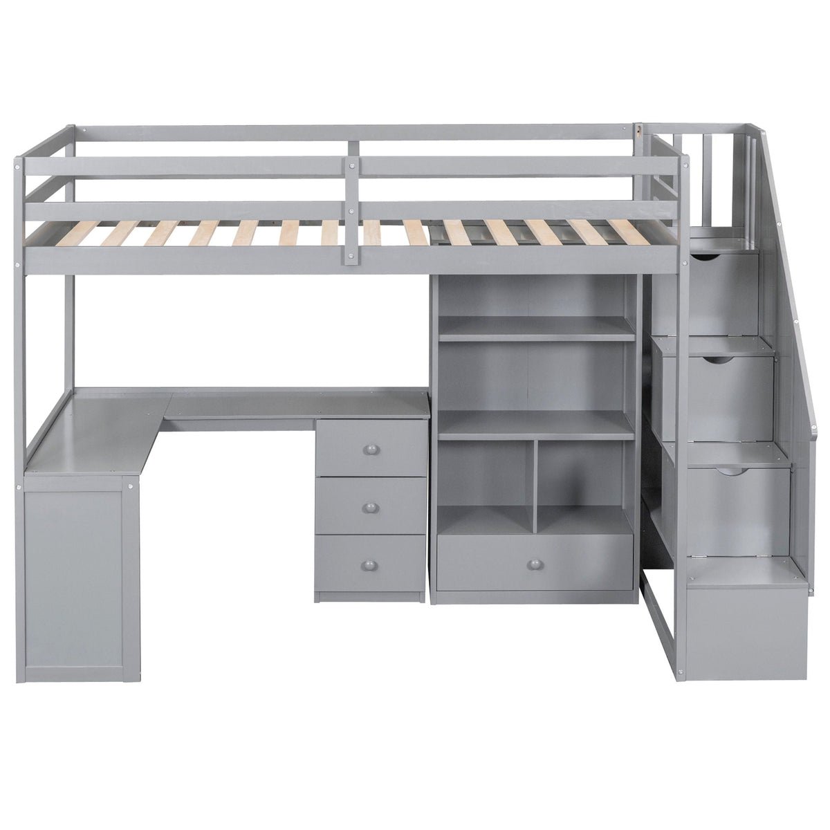 Twin Loft Bed With L-Shaped Desk and Storage Staircase - Pine Wood