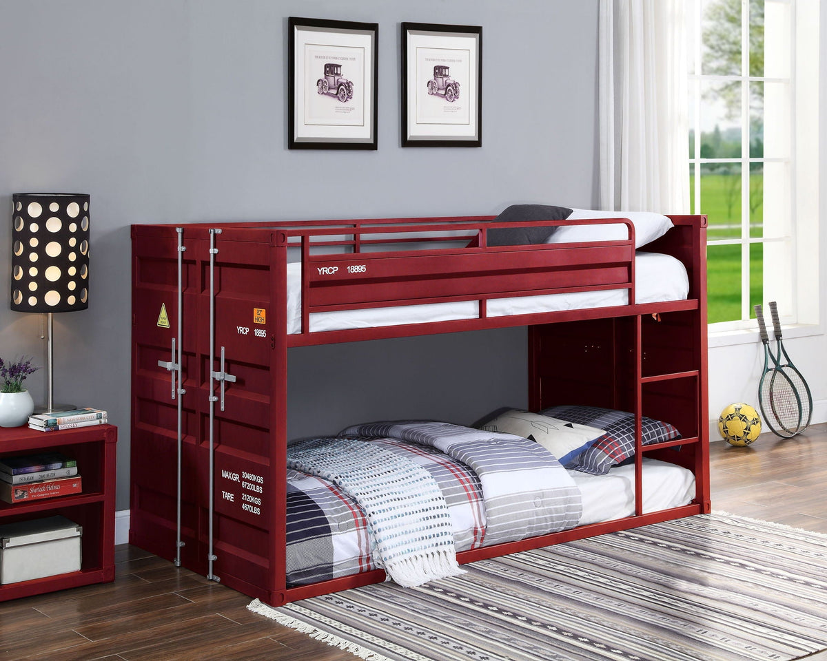 Metal Twin Over Twin Bunk Bed with Safety Guardrail - Light Blue or Red