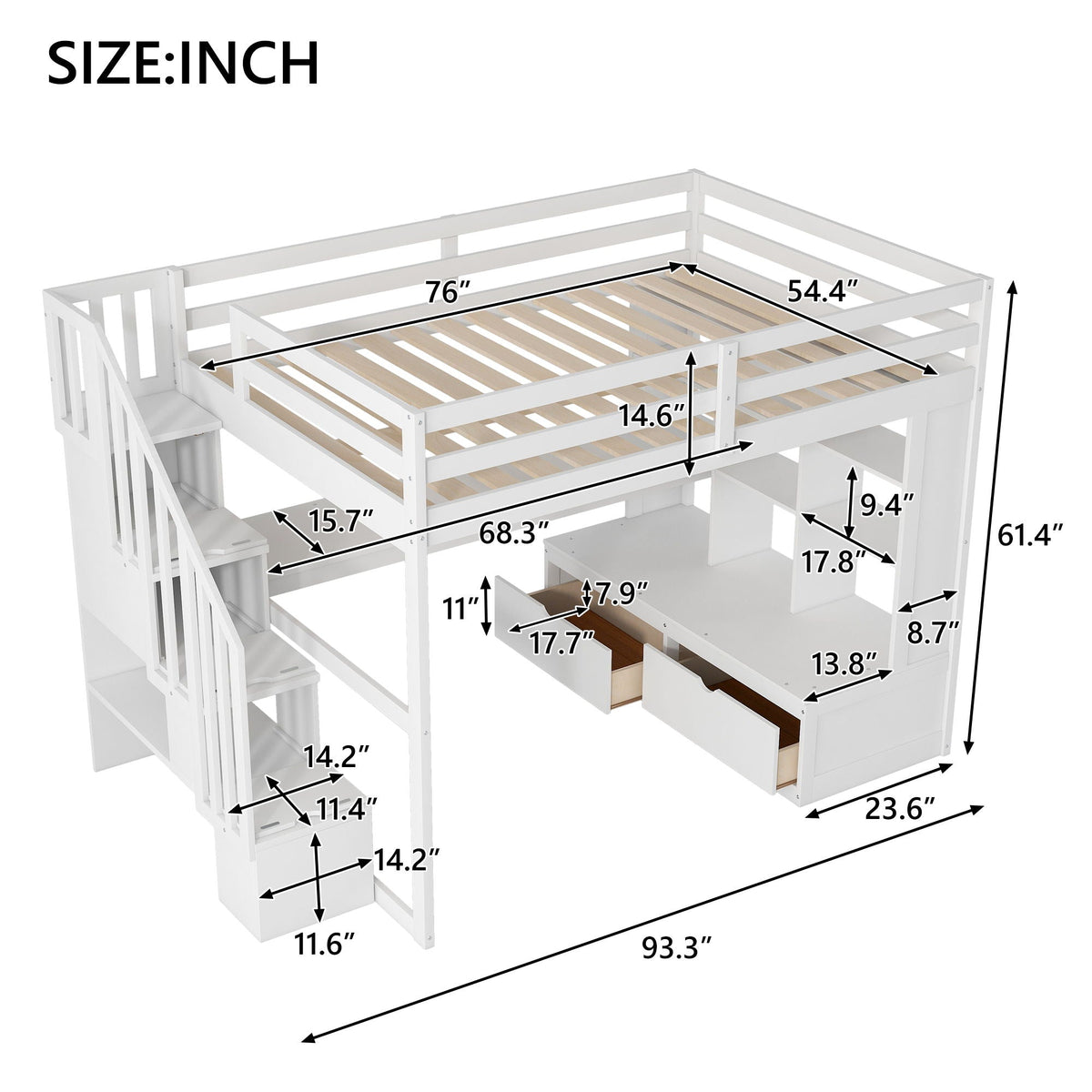Full Size Loft Bed with Desk, Drawers & Storage Staircase - White