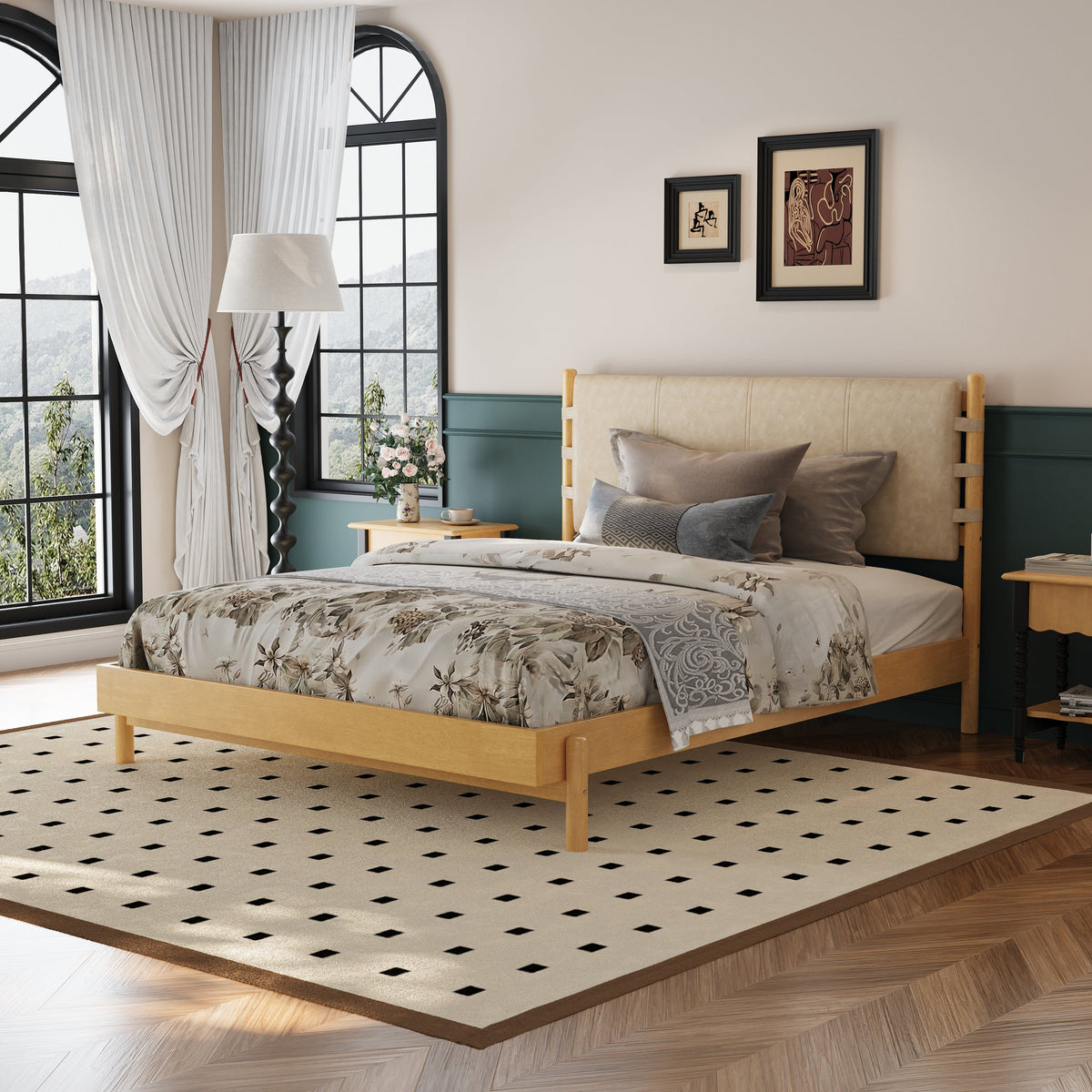 Premium Rubber Wood Platform Bed Frame, Queen Size with Headboard
