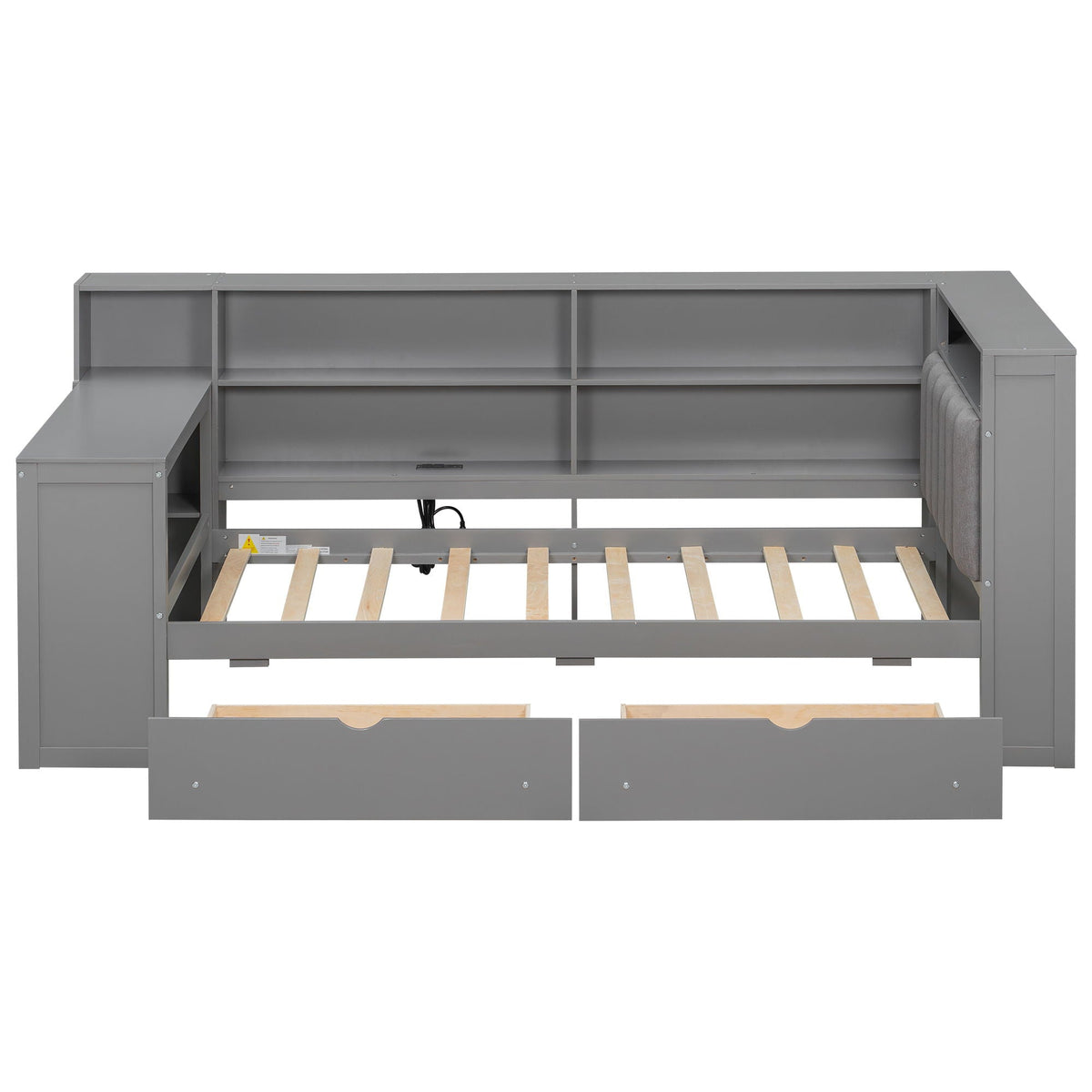 Platform Storage Bed with Upholstered Headboard, Desk, and LED Lighting - White or Dark Gray