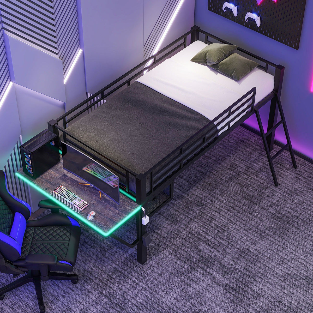 Gaming Twin Loft Bed with Desk and LED - Black
