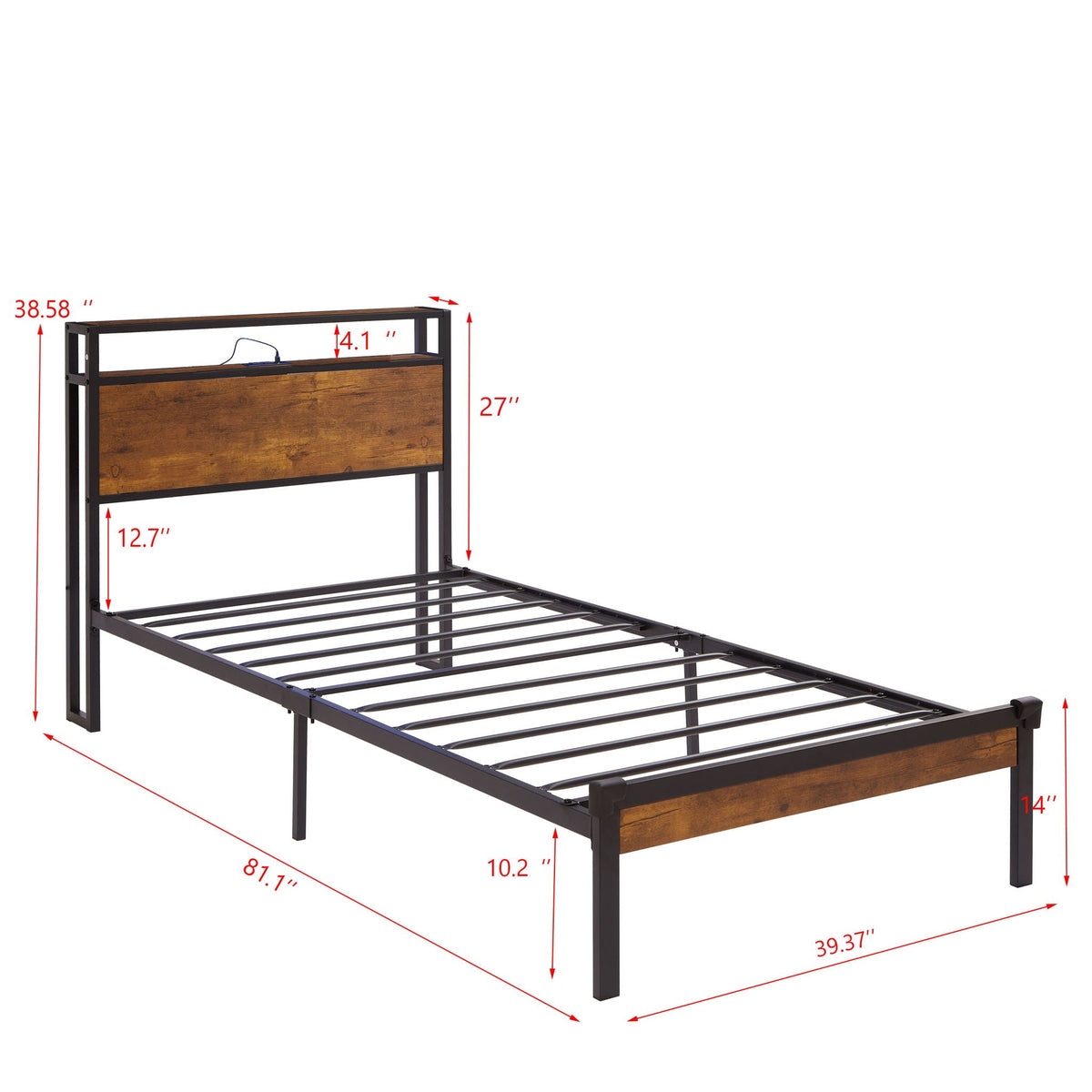 Twin Size Platform Bed Frame With LED Lights And USB Charging Port
