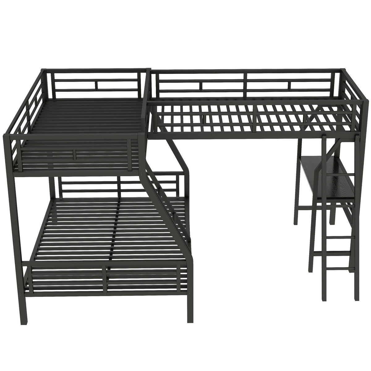 Twin Over Full Bunk Bed with Loft and Desk - L-Shaped Design for 3 Sleepers - Black