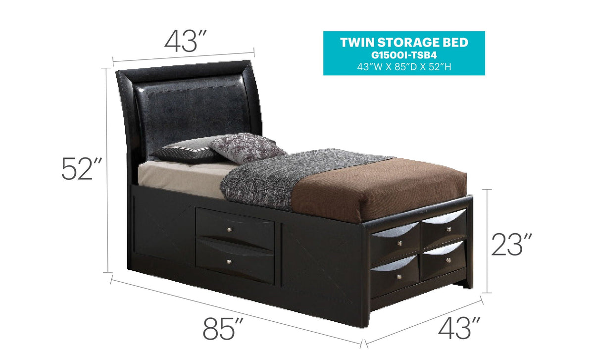 Black Twin Storage Bed with Molded Resin Drawer Fronts - Built-In Storage