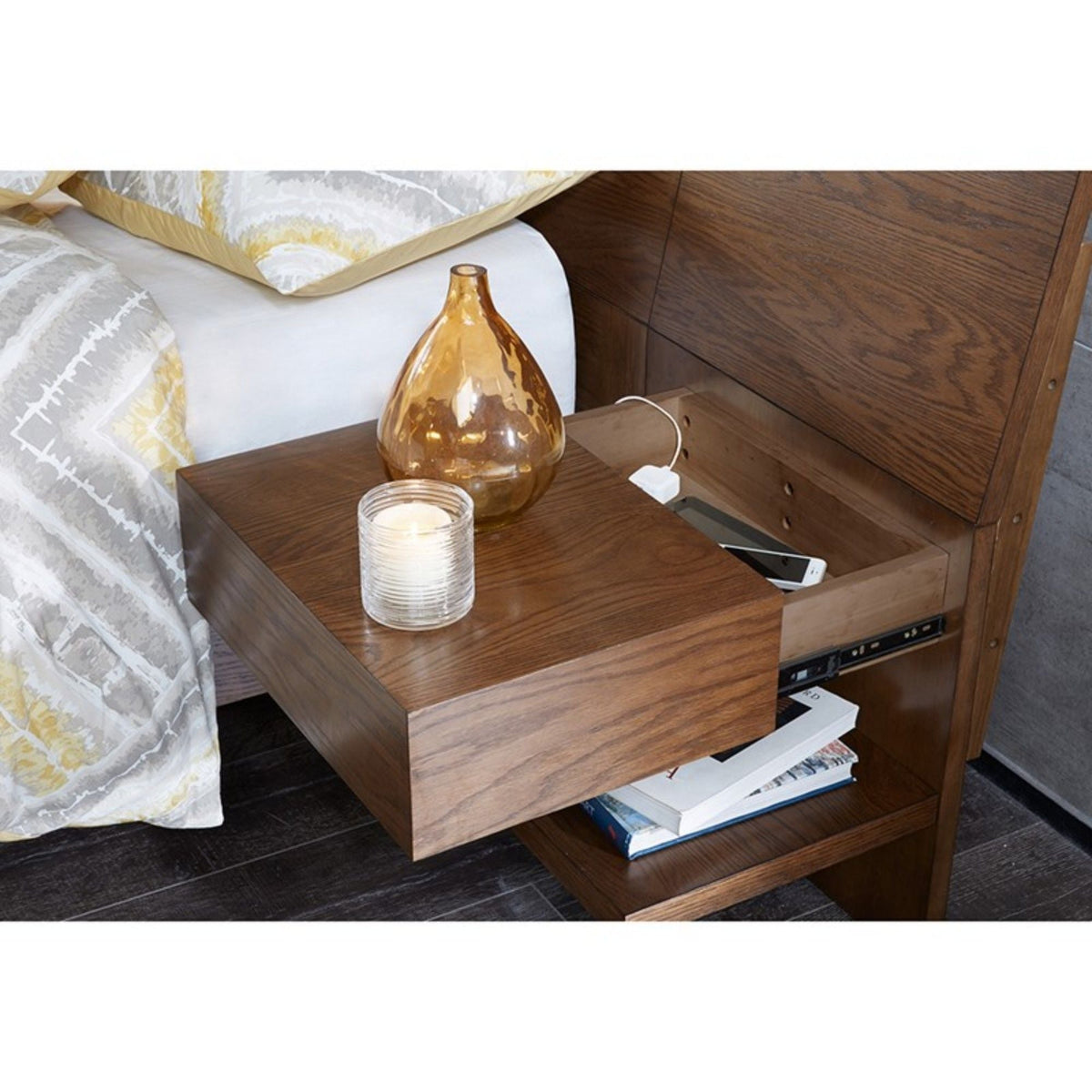Queen Size Storage Bed with Attached Nightstands and Hidden Storage - Pecan