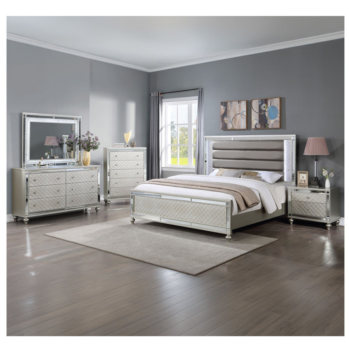 Modern Panel Bed with Tufted Design and LED Lighting - Pearl Silver