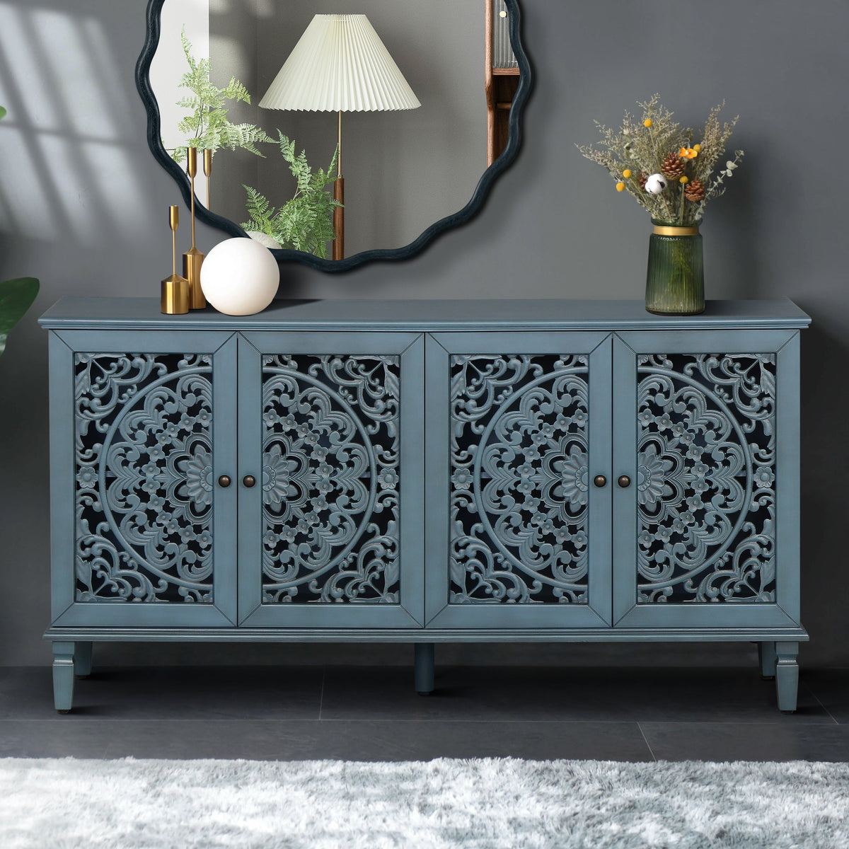 Antique Blue Buffet Cabinet with Floral Carvings and Adjustable Shelves