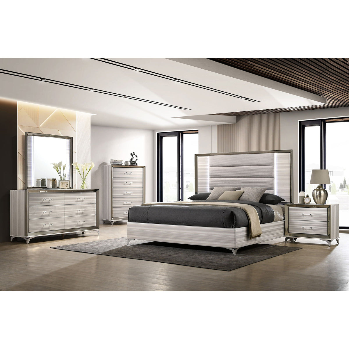 Modern LED Panel Bed with Storage - White