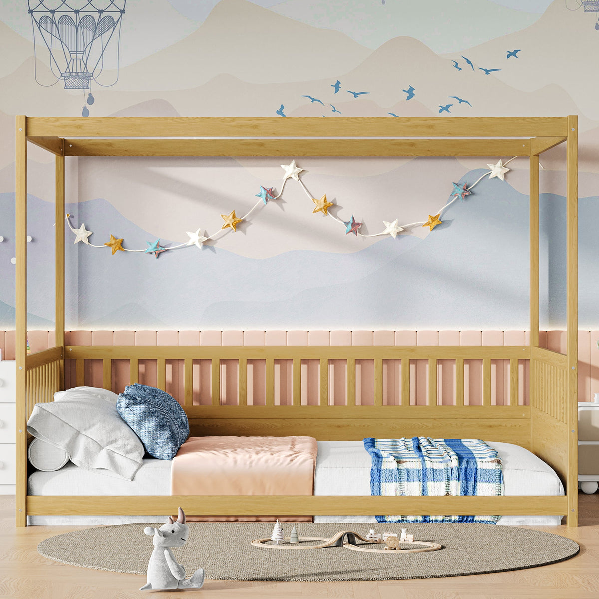 Full Size Canopy Bed Frame with Guardrails for Kids - Pine Wood