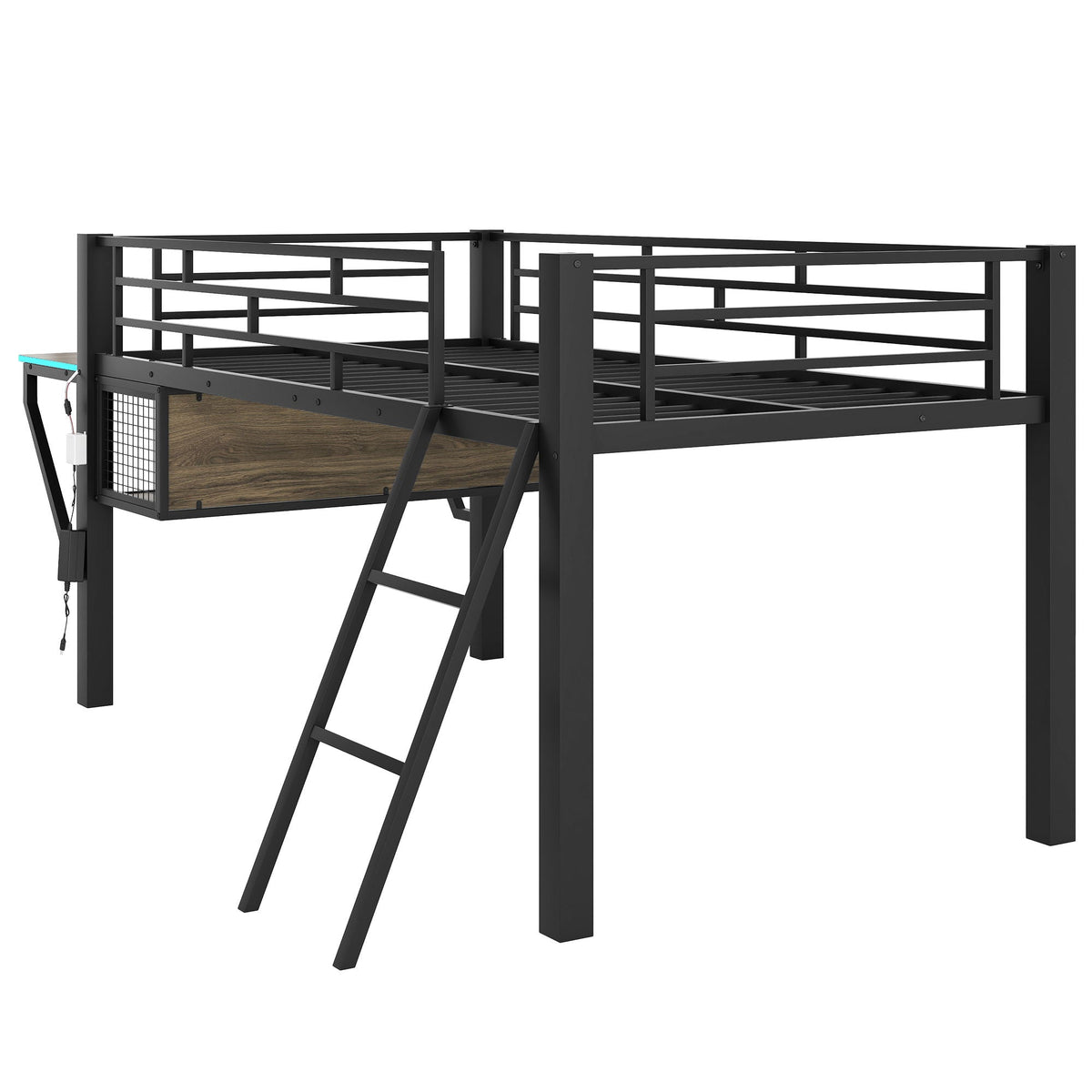 Gaming Twin Loft Bed with Desk and LED - Black
