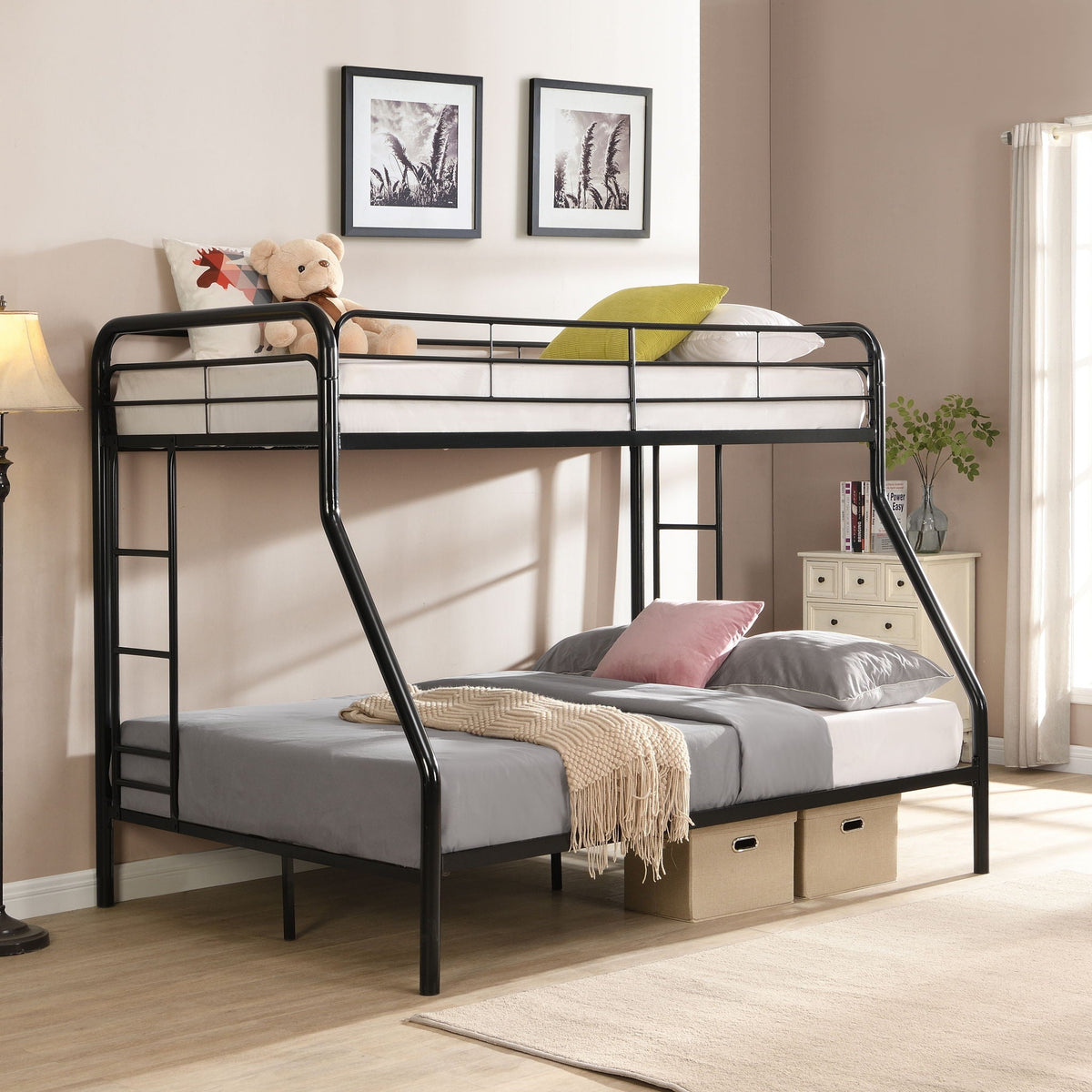 Modern Metal Twin Over Full Bunk Bed with Trundle and Dual Ladder - Black